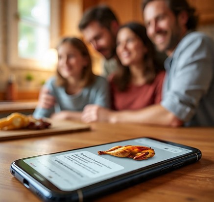phone showing oven alert with family in background