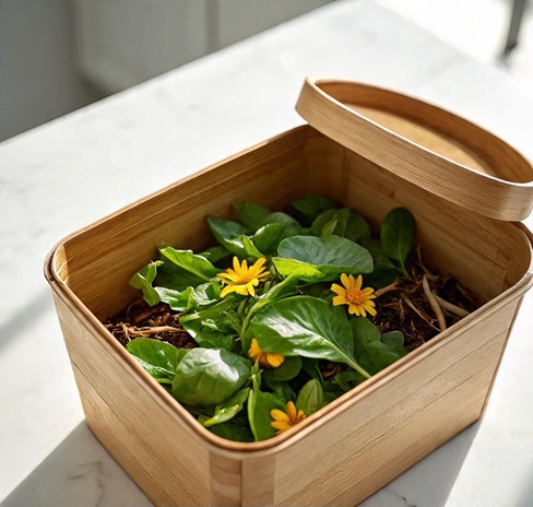 Kitchen compost unit with salad scraps being added