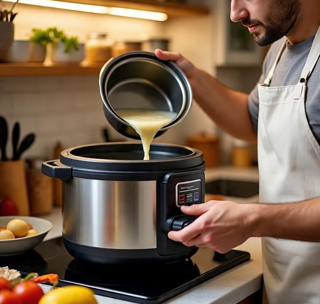 Pouring broth into Instant Pot to prevent burn warning