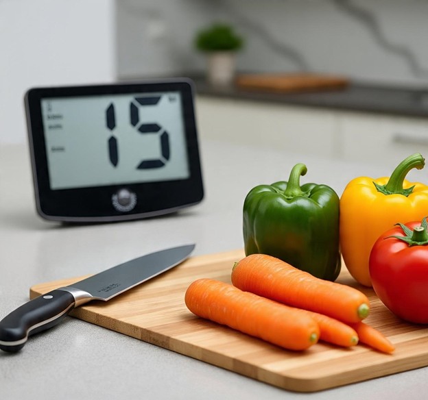Kitchen timer showing 15 minutes with knife and practice vegetables arranged nearby