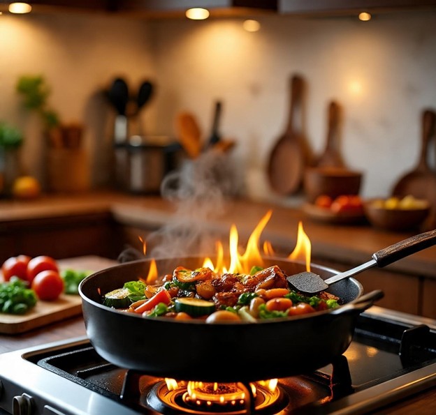 Food creating dramatic sizzle and steam upon contact with hot cast iron pan