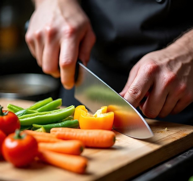 Affordable chef's knife making clean, precise cuts through colorful vegetables