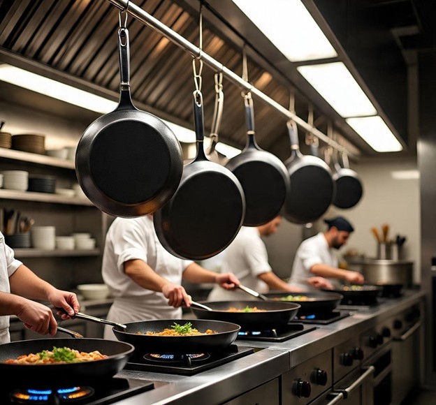 Commercial kitchen showcasing cast iron cookware in regular professional use 
