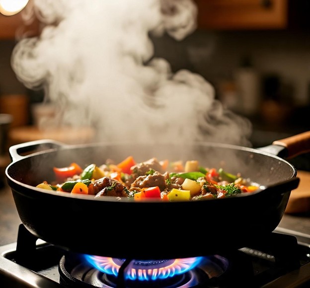Cast iron skillet cooking food with steam visible in low-light kitchen setting