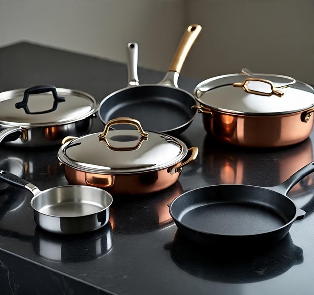 Comparison of expensive modern cookware alongside traditional cast iron pan