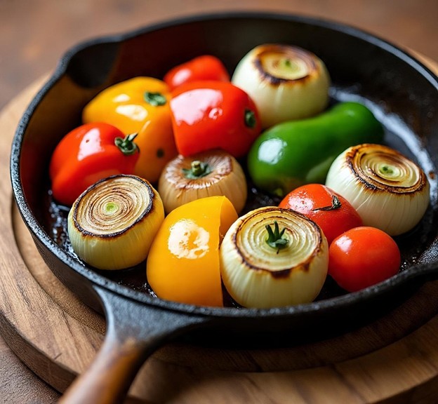 Vegetables achieving a perfect caramelized crust in a cast iron skillet. 