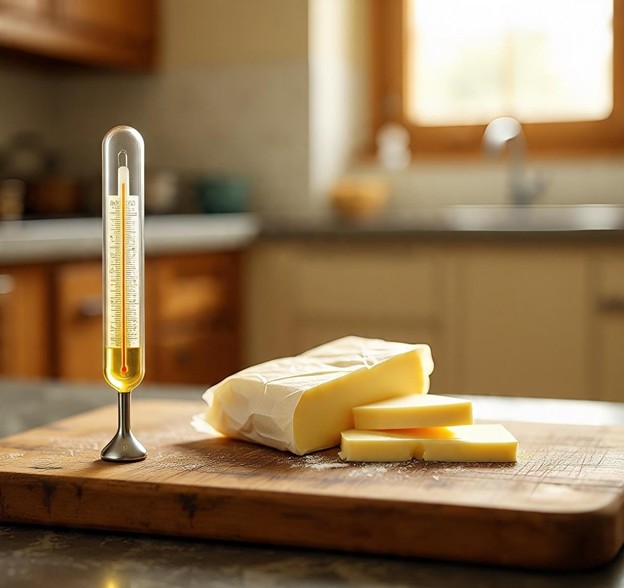 kitchen thermometer and butter on cutting board for baking prep