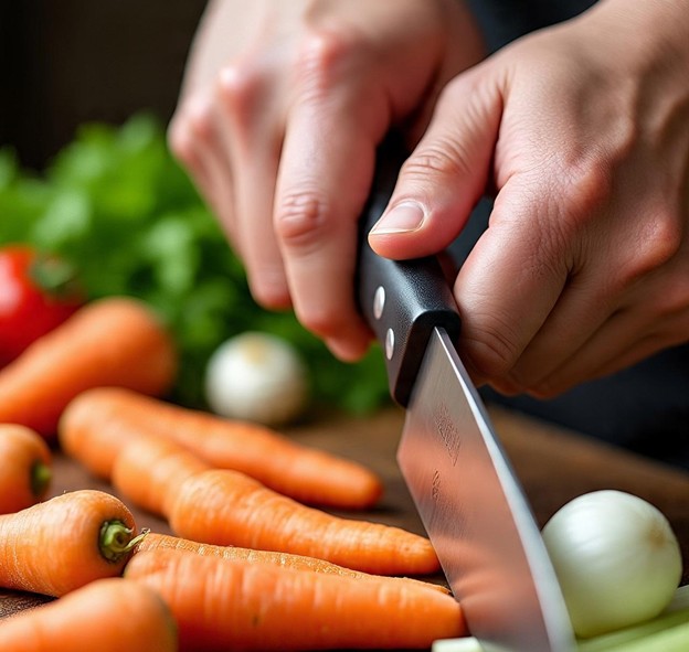Person nervously gripping kitchen knife while preparing vegetables