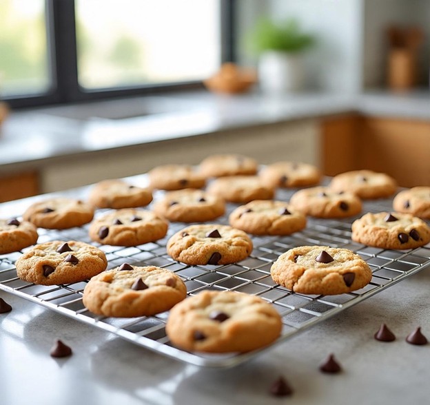 fresh chocolate chip cookies cooling on baking rack