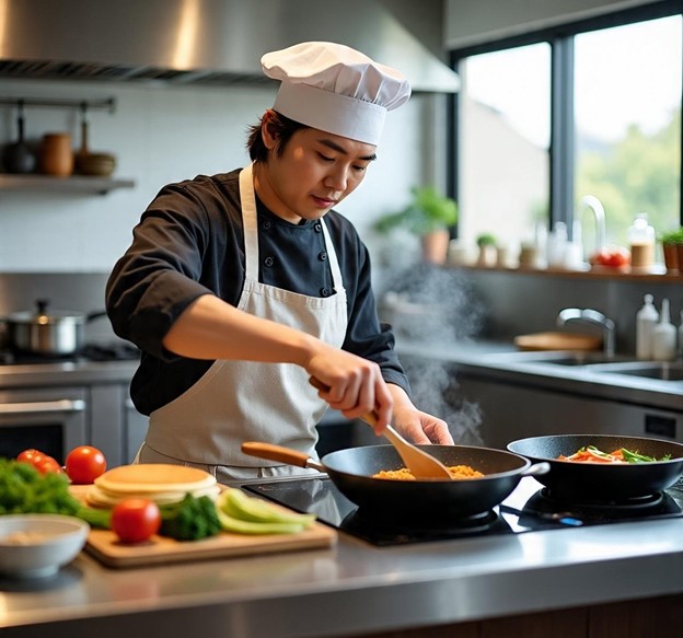 Confident home cook multitasking with proper knife technique while cooking