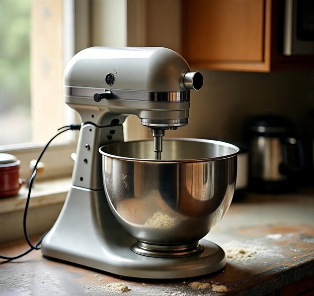 unused stand mixer covered in flour dust on kitchen counter