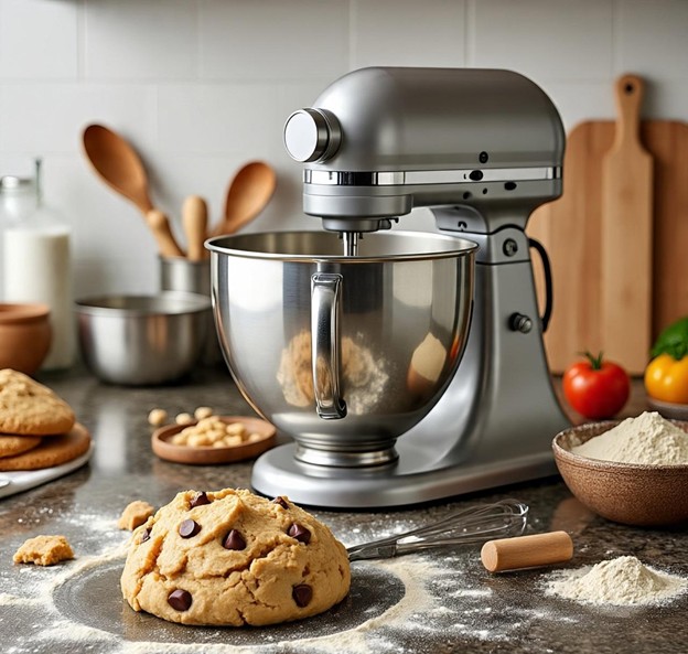 cookie dough climbing up stand mixer paddle beater