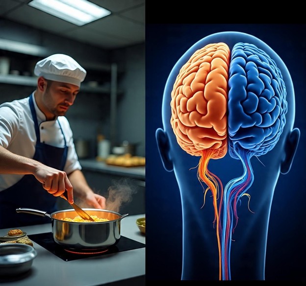 Brain imaging showing increased neural connectivity during cooking tasks