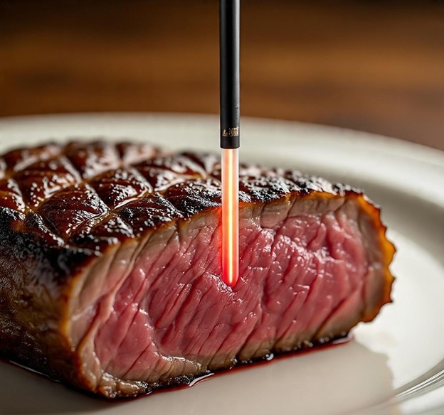 Digital thermometer indicating a rise in meat temperature during the resting phase