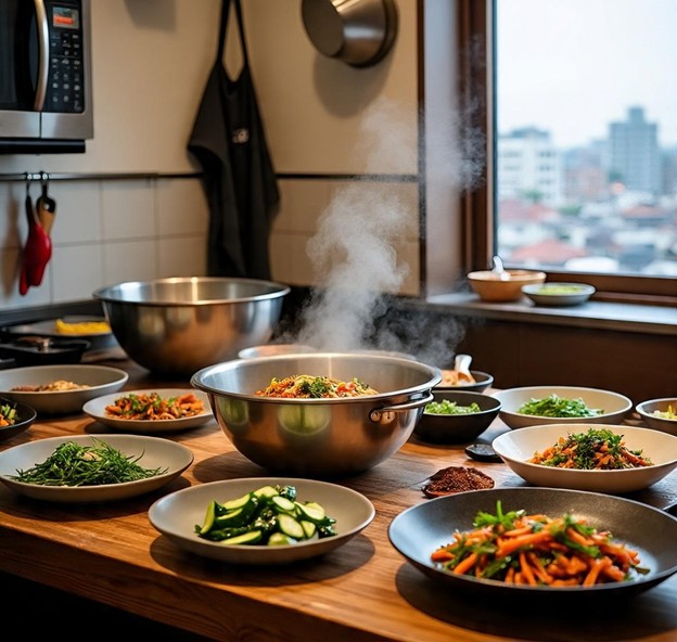 Kitchen scene showing various Thanksgiving dishes at different completion stages