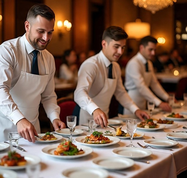 Restaurant kitchen pass showcasing multiple dishes being plated and finished together