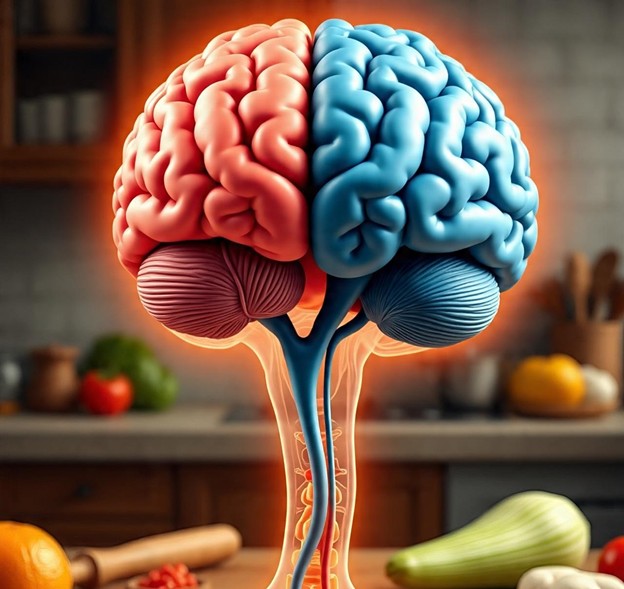 Scientific illustration of the brain showing stress patterns during multitask cooking