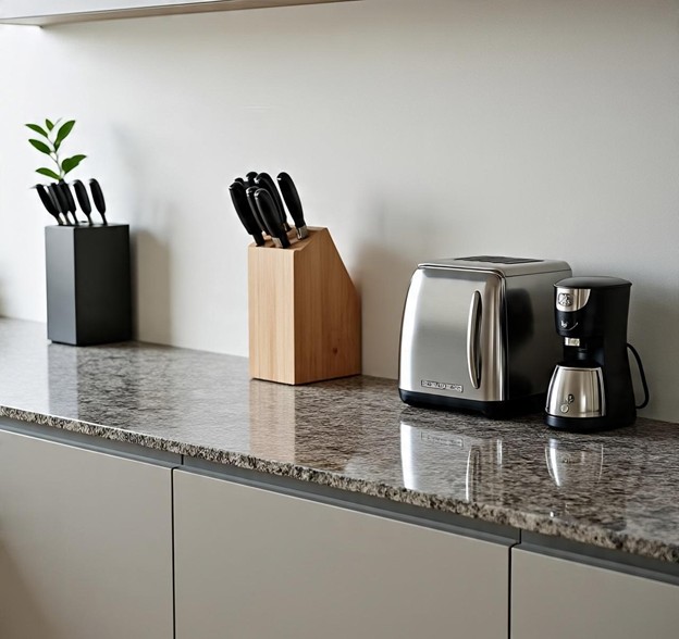 Minimal, organized kitchen counter with only essential items arranged neatly