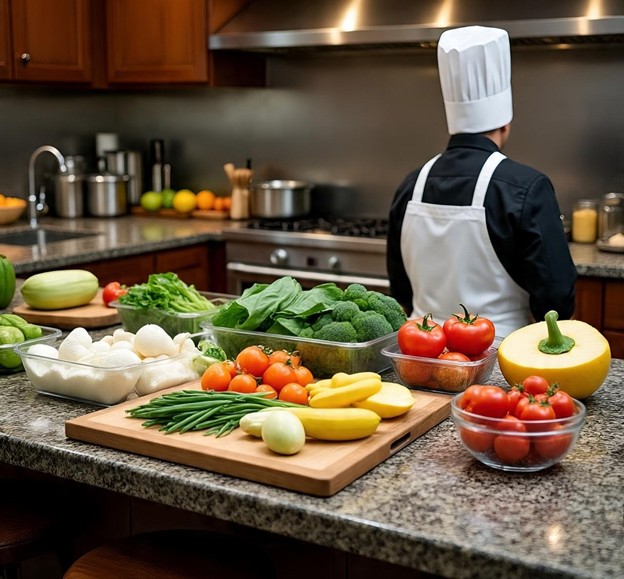 Professional chef station with all ingredients prepped and arranged systematically