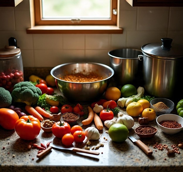 Disorganized kitchen counter with ingredients, utensils, and appliances scattered messily